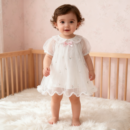 Little Embroidery Flower Mesh Dress (White Size 120)