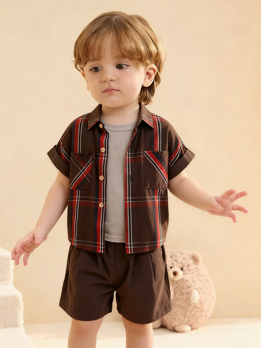 Checkered Line Brown Shirt with Inner & Pocket Pants (Sold Separately)