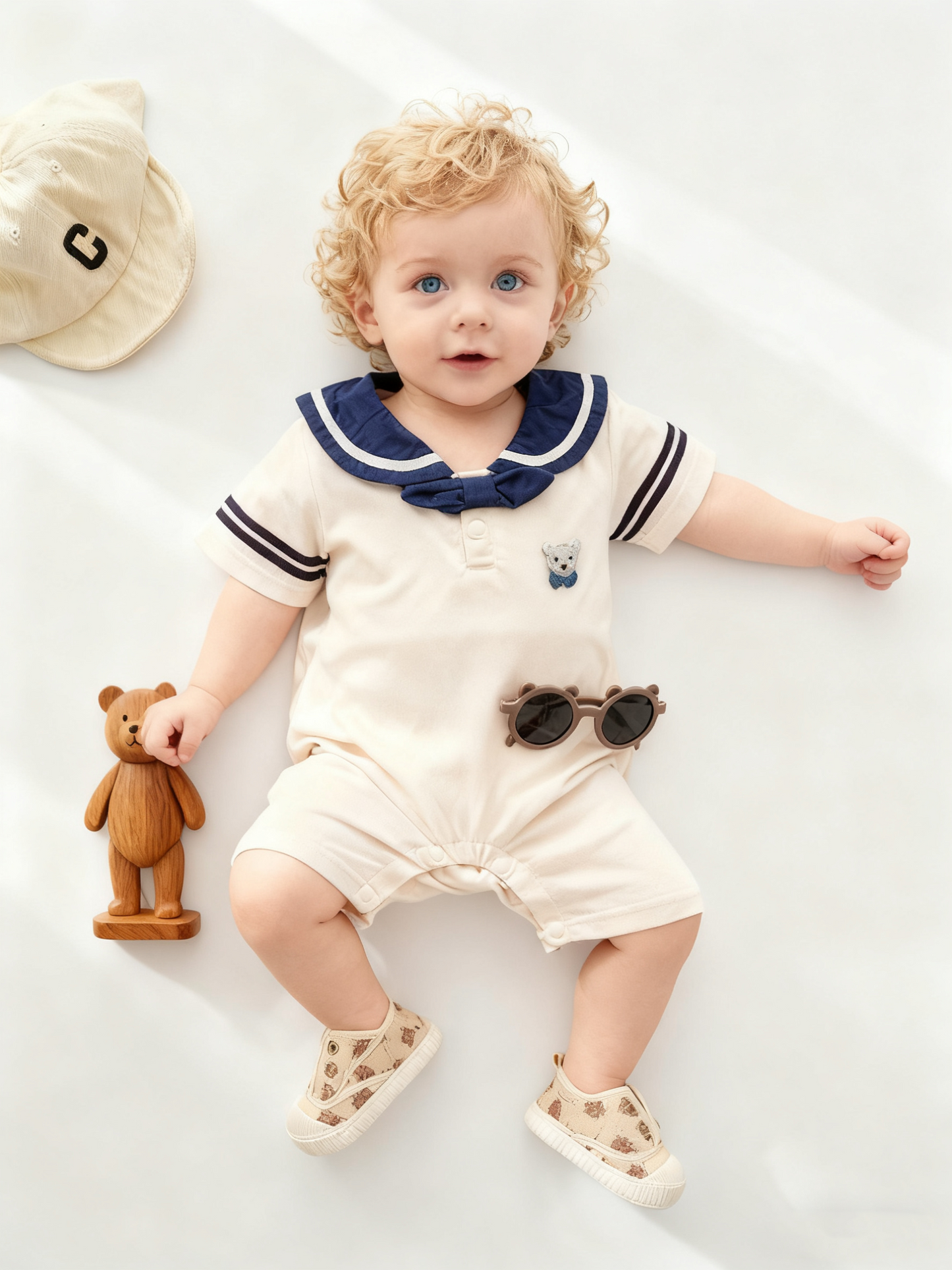 Sailor Style Romper with Bear (Size 90)