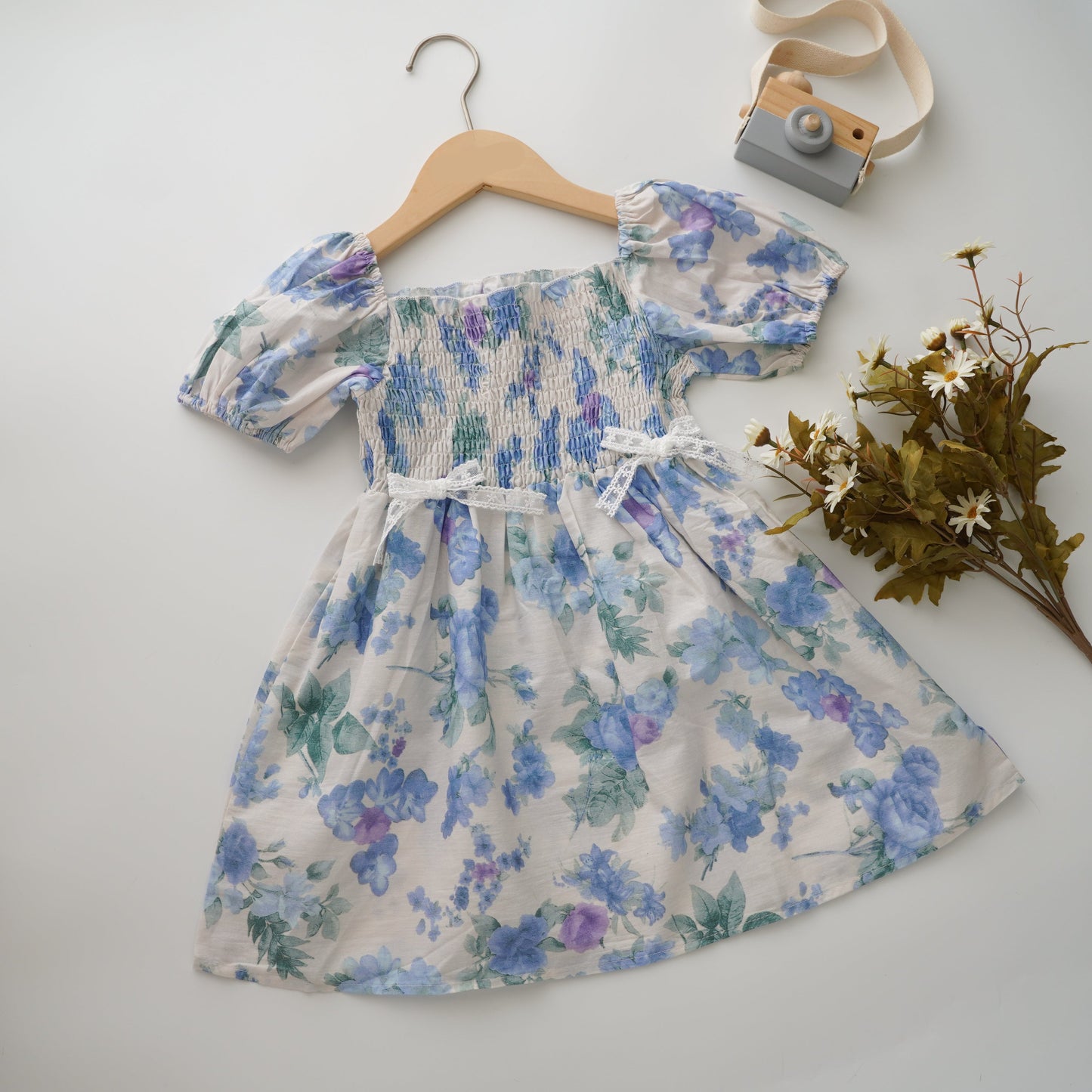 Blue Painted Puff Sleeves Dress