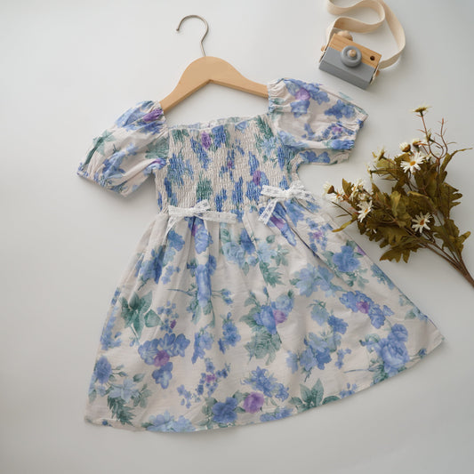 Blue Painted Puff Sleeves Dress