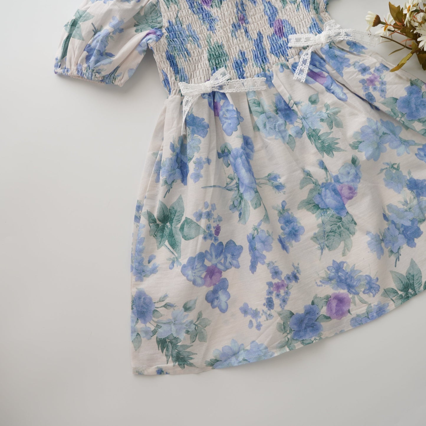 Blue Painted Puff Sleeves Dress