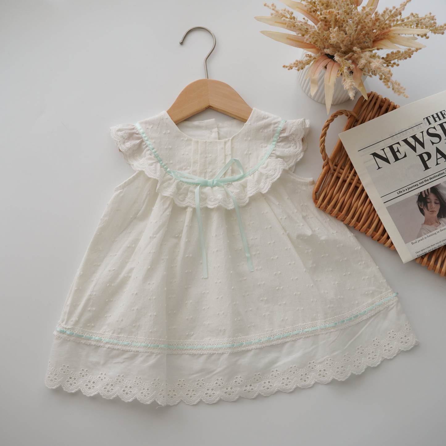 Plain White Dress with Ribbon Details (Size 110&120)